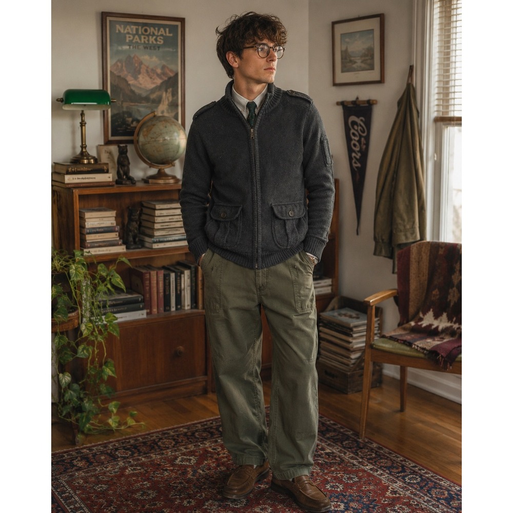 Fossil Mens Full Zip Military Cardigan Sweater Gray Utility Cargo Pocket Medium